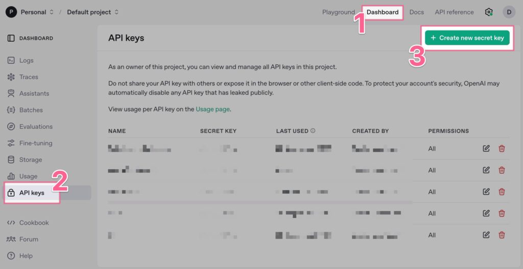 Painel da OpenAI na área API Keys, com o botão para criar uma nova chave