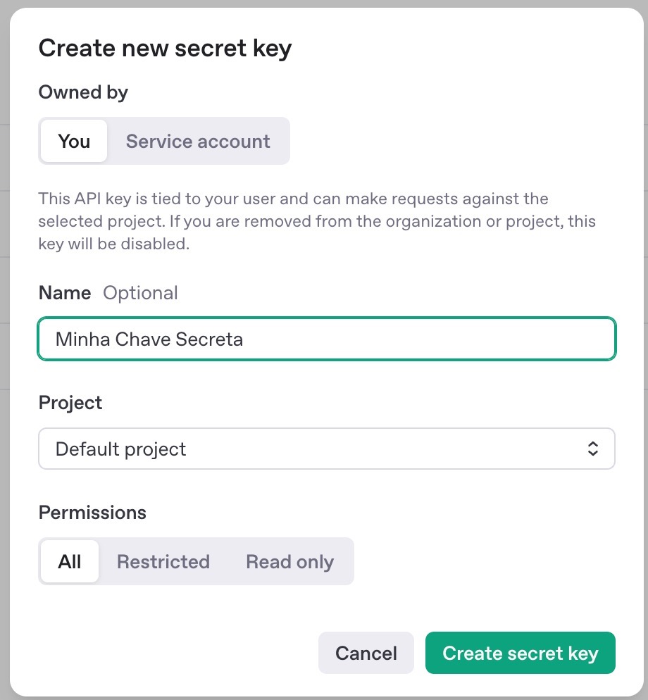 Janela da OpenAI para dar um nome à nova chave e criá-la