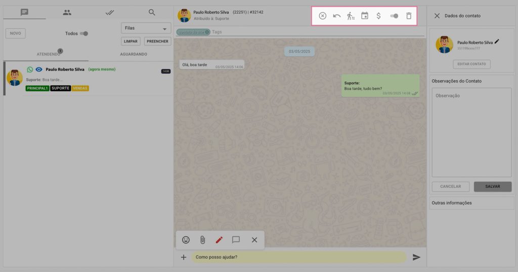Botões das Ações do Ticket no canto superior do chat