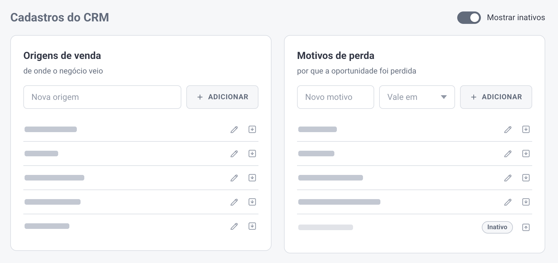 Tela de cadastro de Origens de Venda e Motivos de Perda